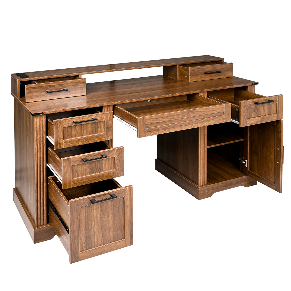 Dark walnut farmhouse office desk by Anthony & Home with barn door, monitor stand, and built-in charging station in a modern workspace.