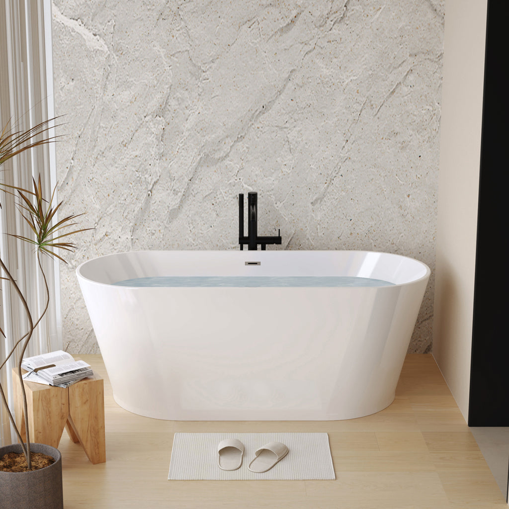 Glossy white acrylic freestanding soaking bathtub with ergonomic design by Anthony & Home.