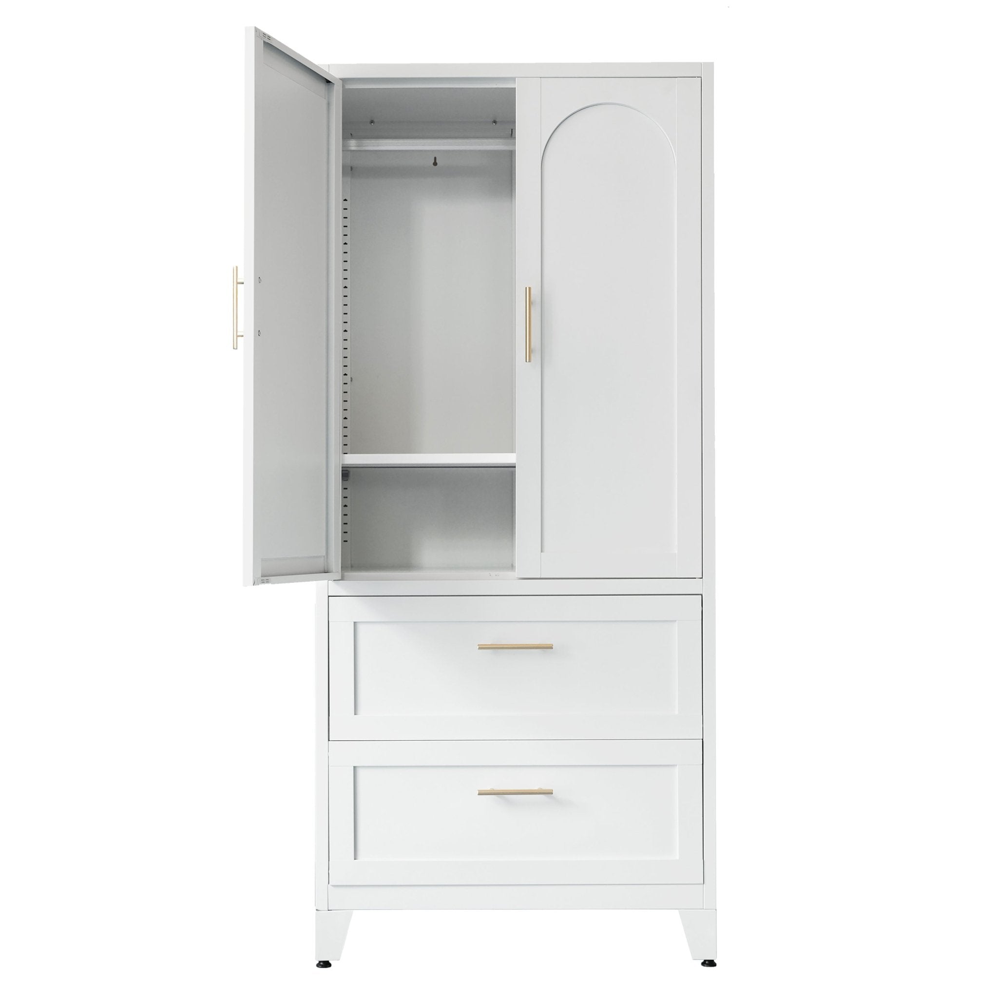 White Anthony & Home premium steel wardrobe cabinet with hanging rod, exclusive edition, featuring a sleek design and sturdy construction.