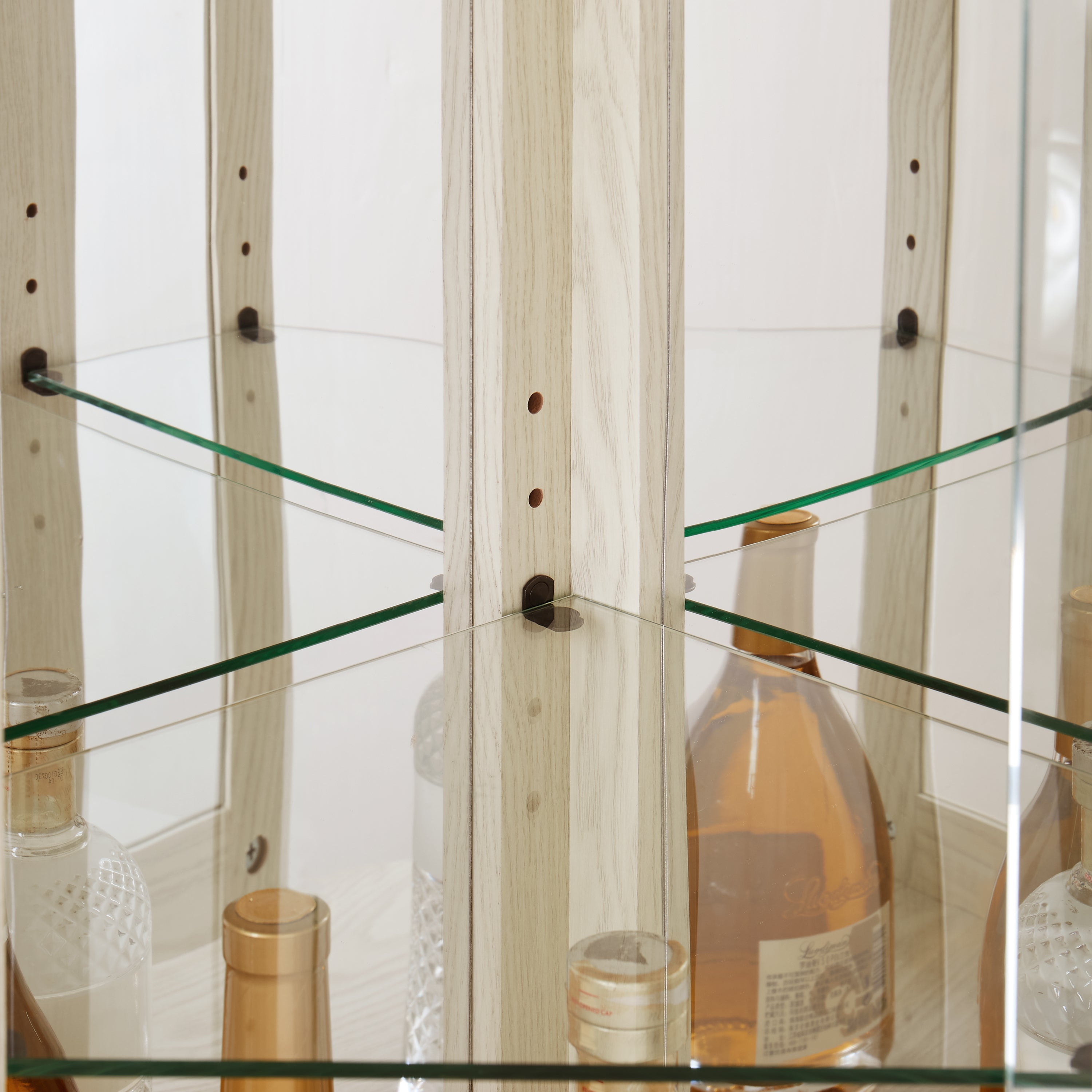 White Anthony & Home lighted corner curio cabinet with glass display shelves, interior lights, perfect for collectibles and wine storage.