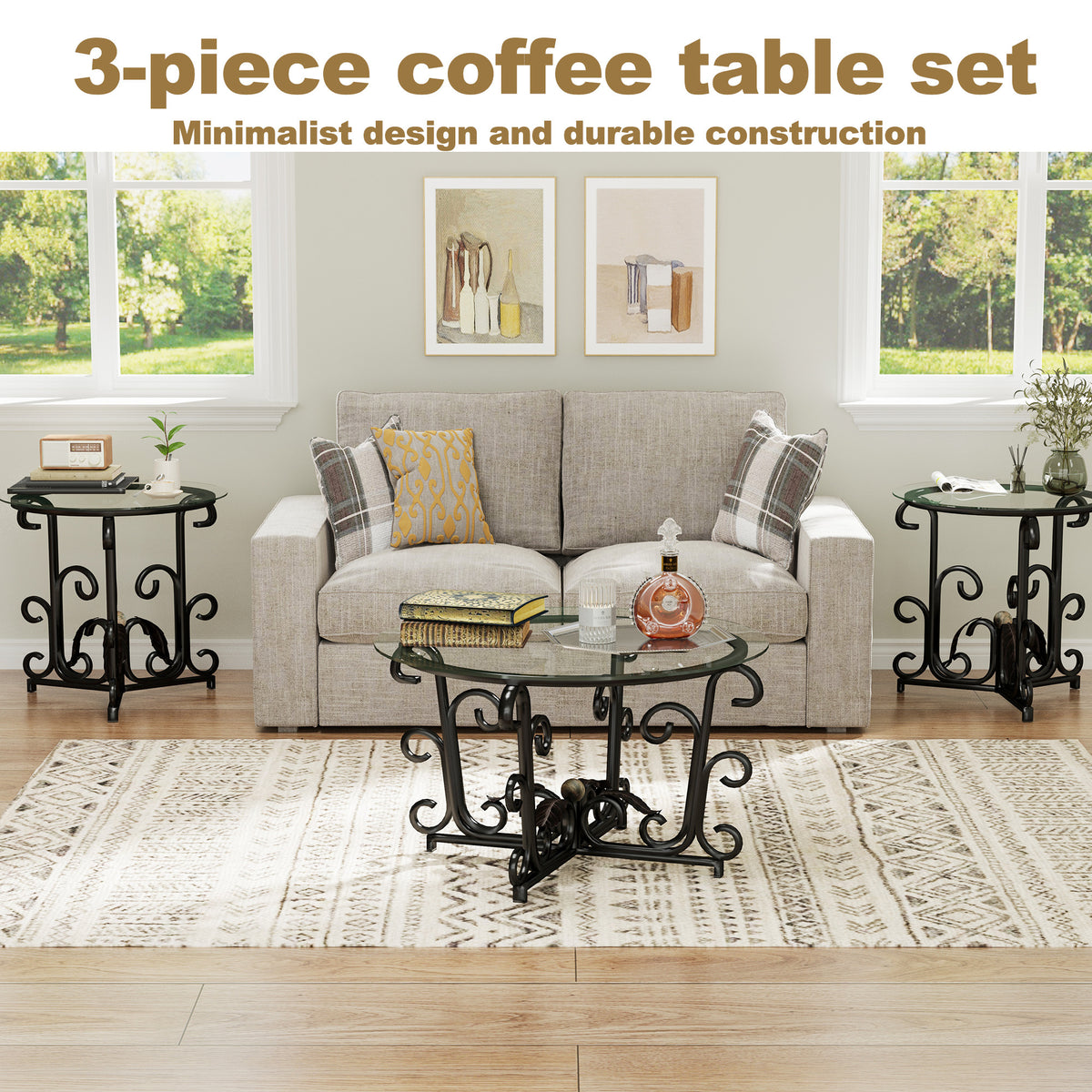 Anthony & Home three-piece coffee table set with round tempered glass tops and black metal frames, 31.5 inches in diameter