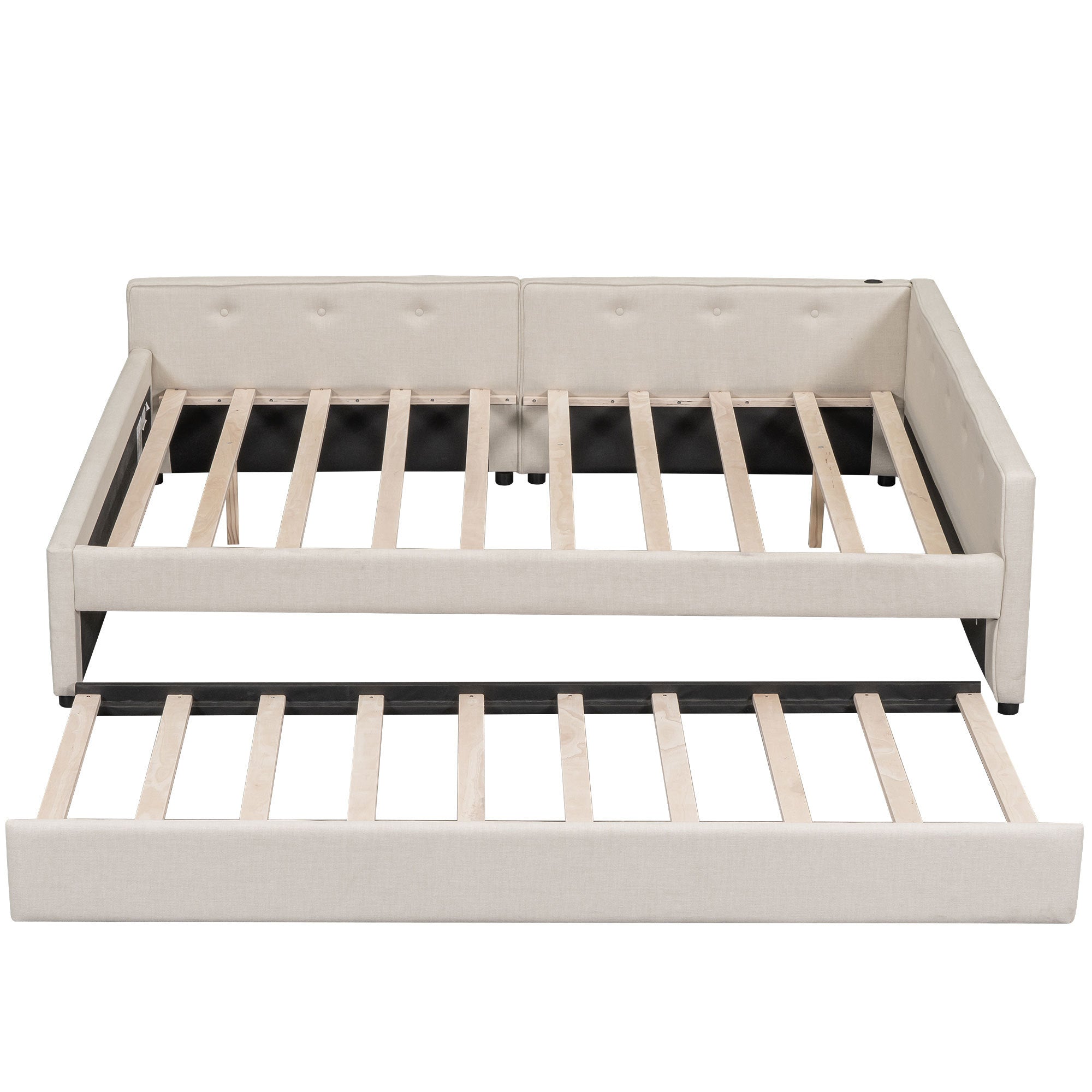 Beige linen upholstered queen platform bed with twin trundle and pine wood frame by Anthony & Home.