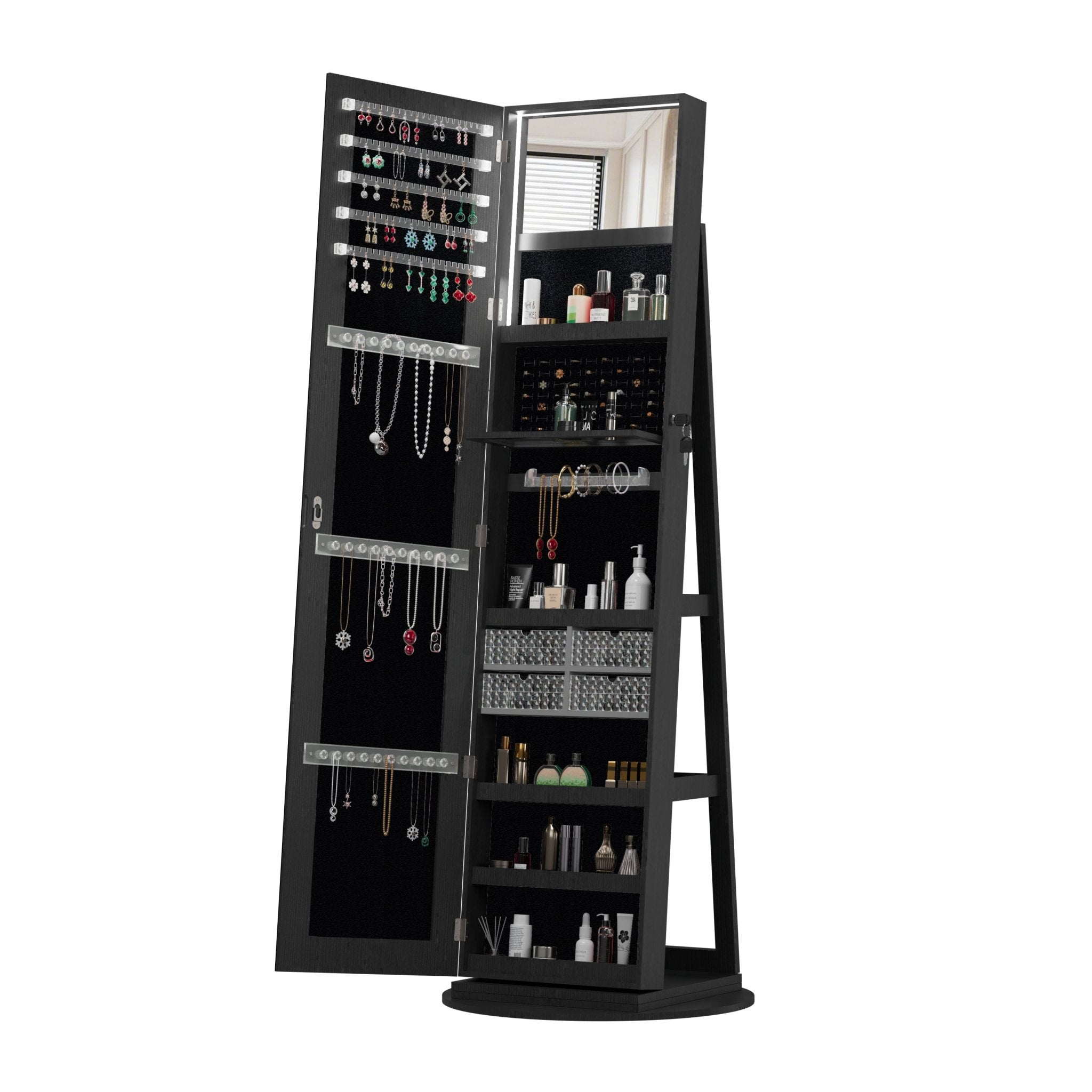 Anthony & Home Atelier 360-degree rotating jewelry cabinet with HD mirror, showcasing its sleek design and spacious storage.