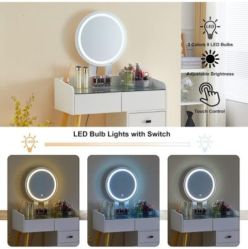 Dressing Table With LED Lights Glass Top 5 Drawers Mirror