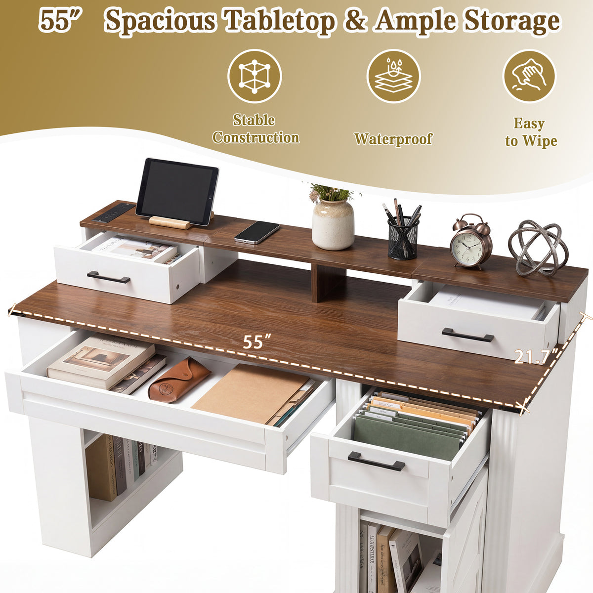 Anthony & Home Studio Barn Door Desk with storage and built-in charging station, featuring a stylish barn door design and organizational features.