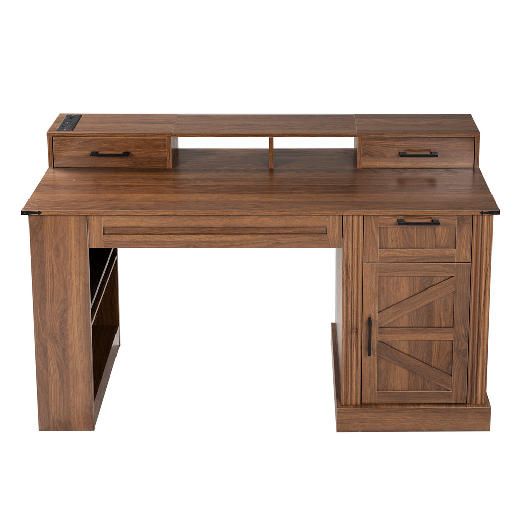 Dark walnut farmhouse office desk with barn door design, storage compartments, and built-in keyboard tray by Anthony & Home