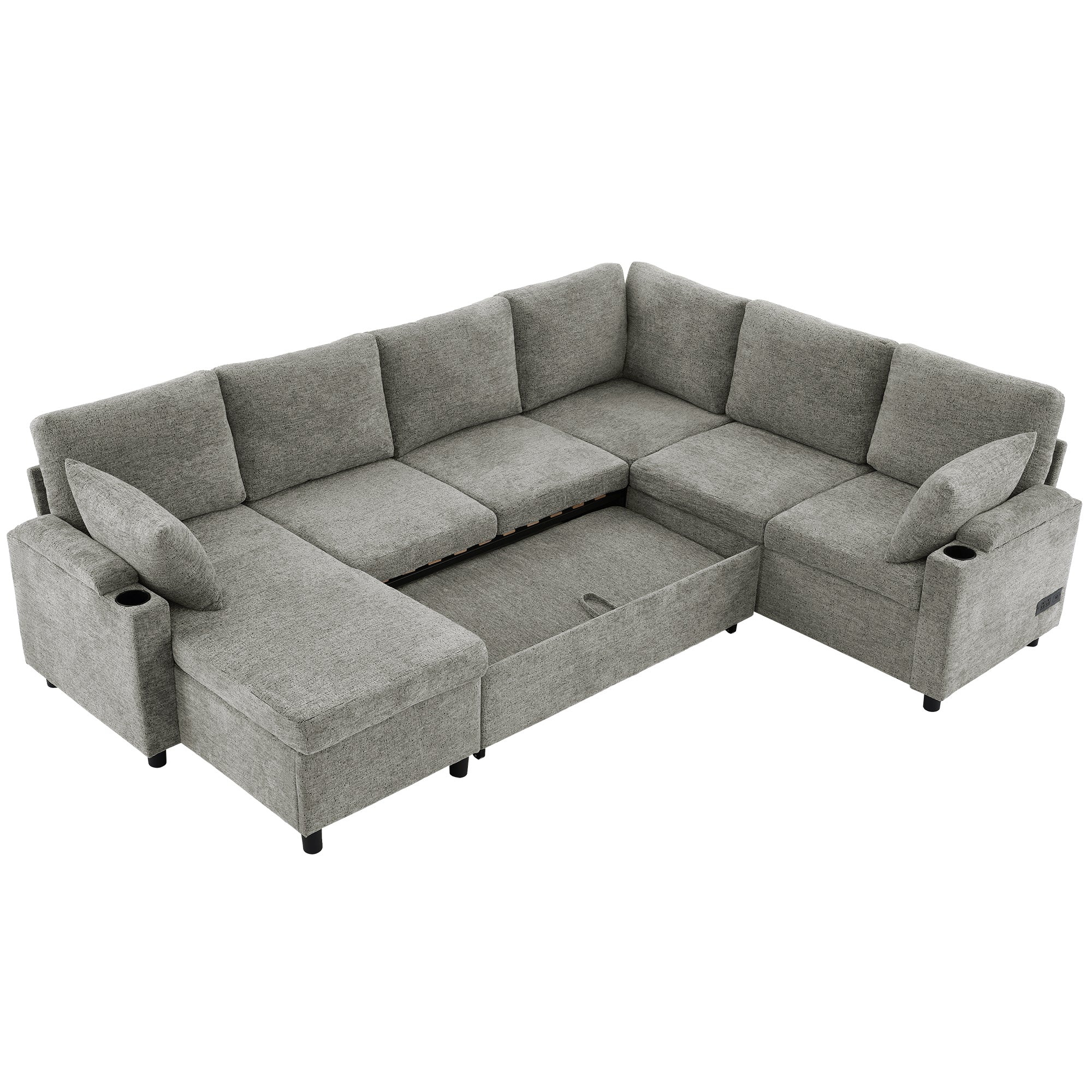 Light grey chenille sectional sofa bed from Anthony & Home, showing plush upholstery and modern design in a spacious living room.