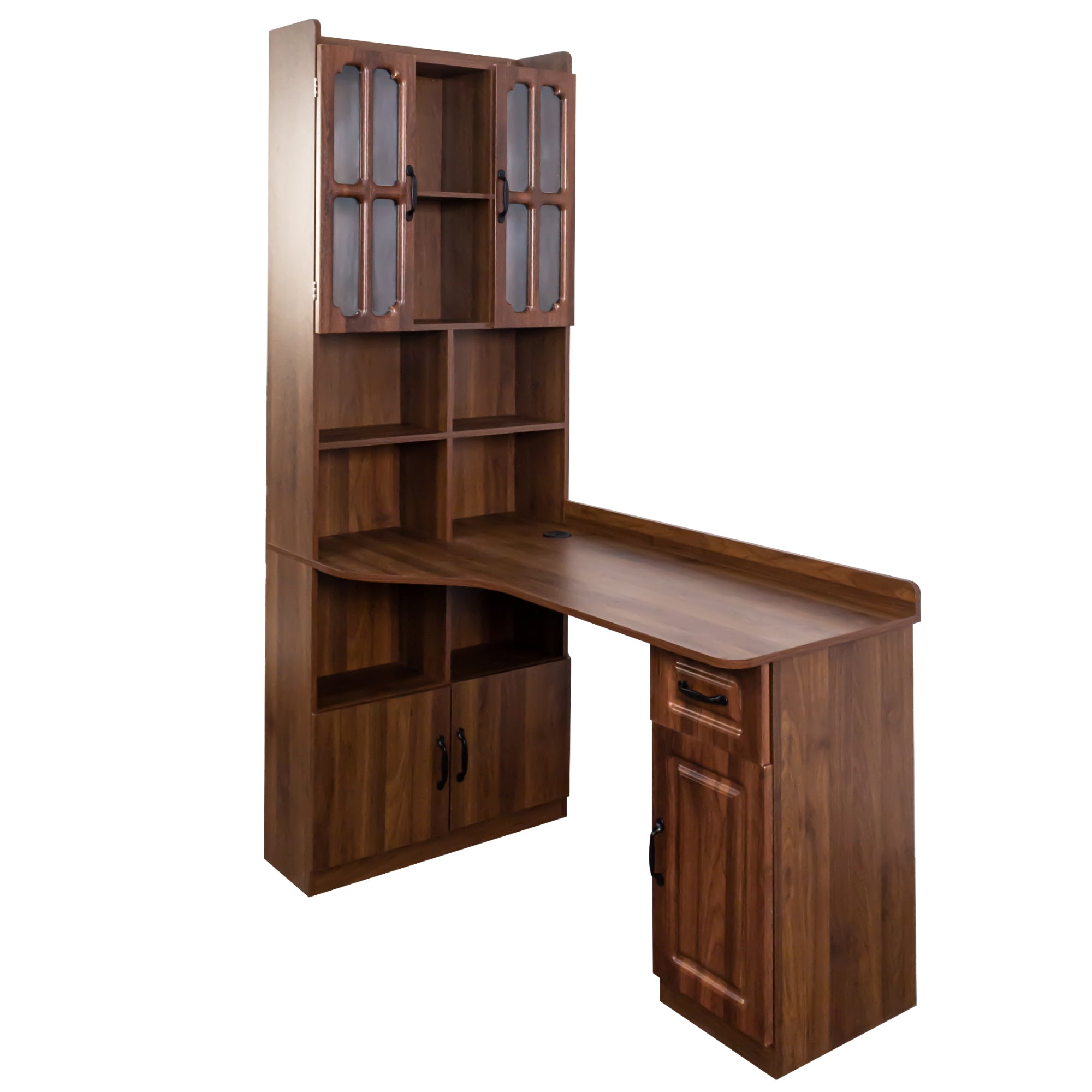 L-shaped corner desk with hutch in oak veneer by Anthony & Home, showcasing workspace with storage and organizational features.