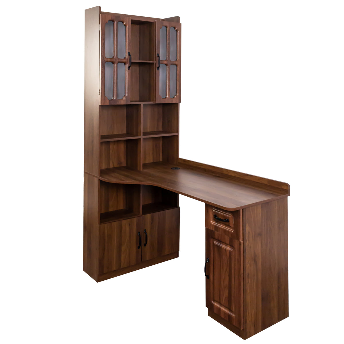 L-shaped corner desk with hutch in oak veneer by Anthony & Home, showcasing workspace with storage and organizational features.