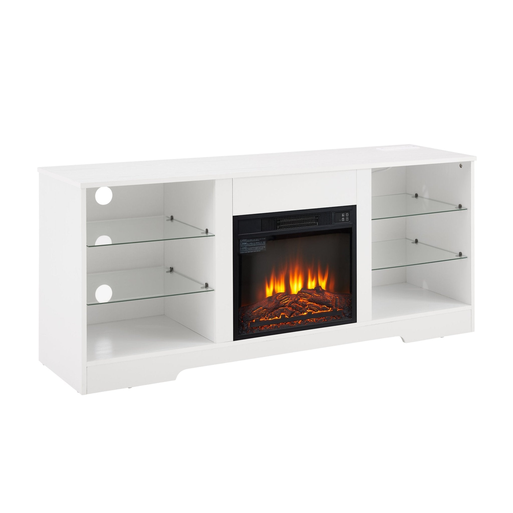 Anthony & Home Electric Fireplace TV Stand with glass shelves, modern design, and sleek finish for living room entertainment setup.