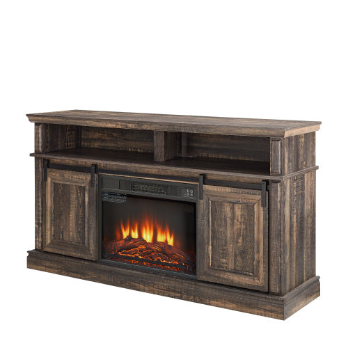 Antique Brown Entertainment TV Stand With Fireplace Insert