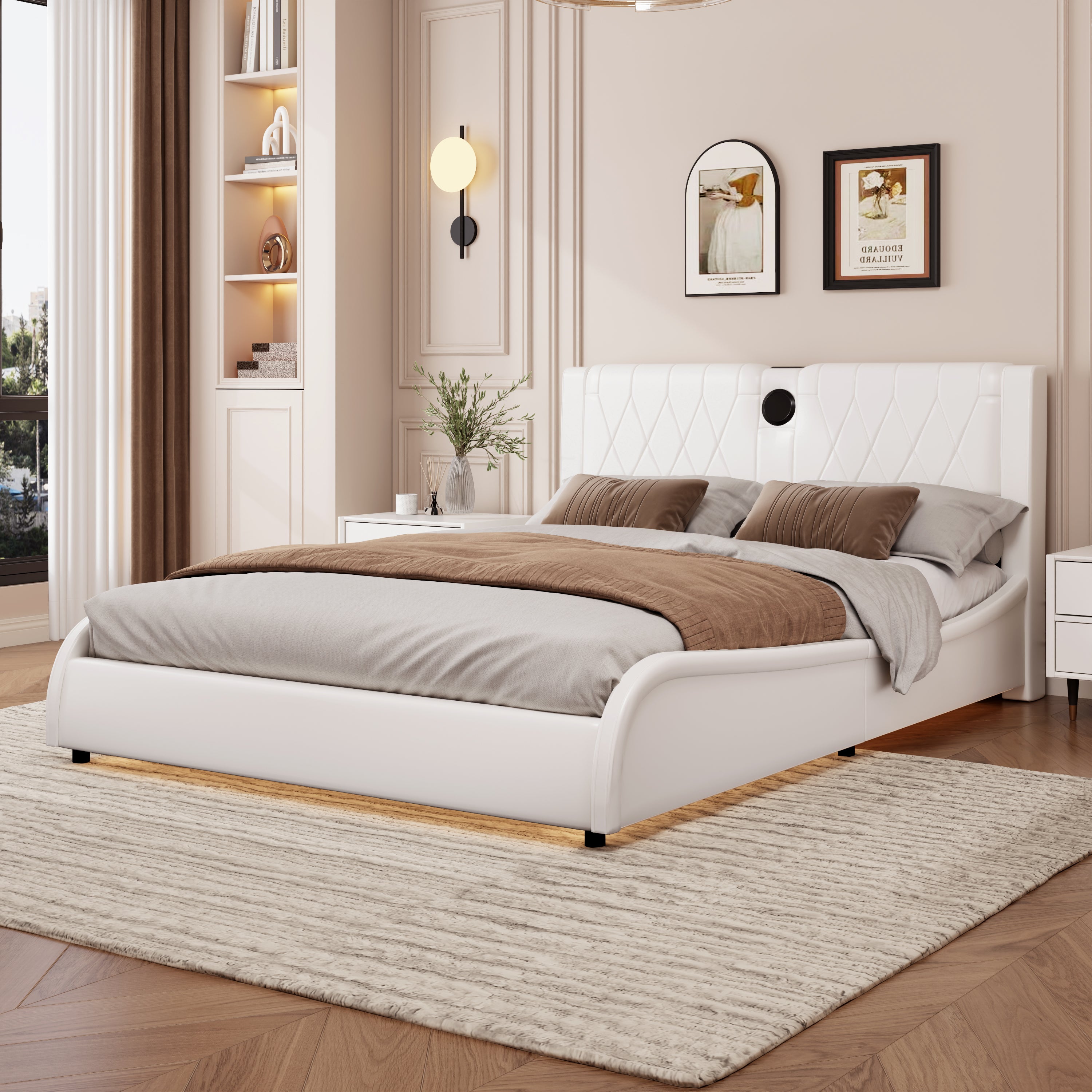 Faux Leather Upholstered Platform Bed Queen Size Signature Edition with Bluetooth Speakers RGB LED Lighting