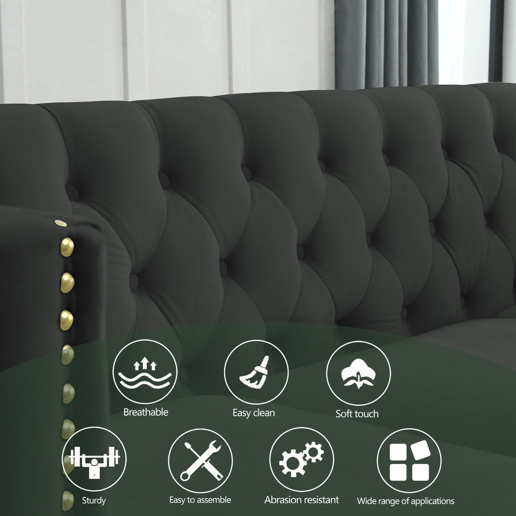 Black Atelier Velvet Tufted 3-Seater Sofa with metal legs by Anthony & Home, showcasing plush upholstery and modern design.