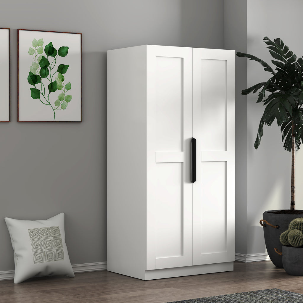 White pantry cabinet with doors and shelves from Anthony & Home, showcasing organized storage in a modern kitchen setting