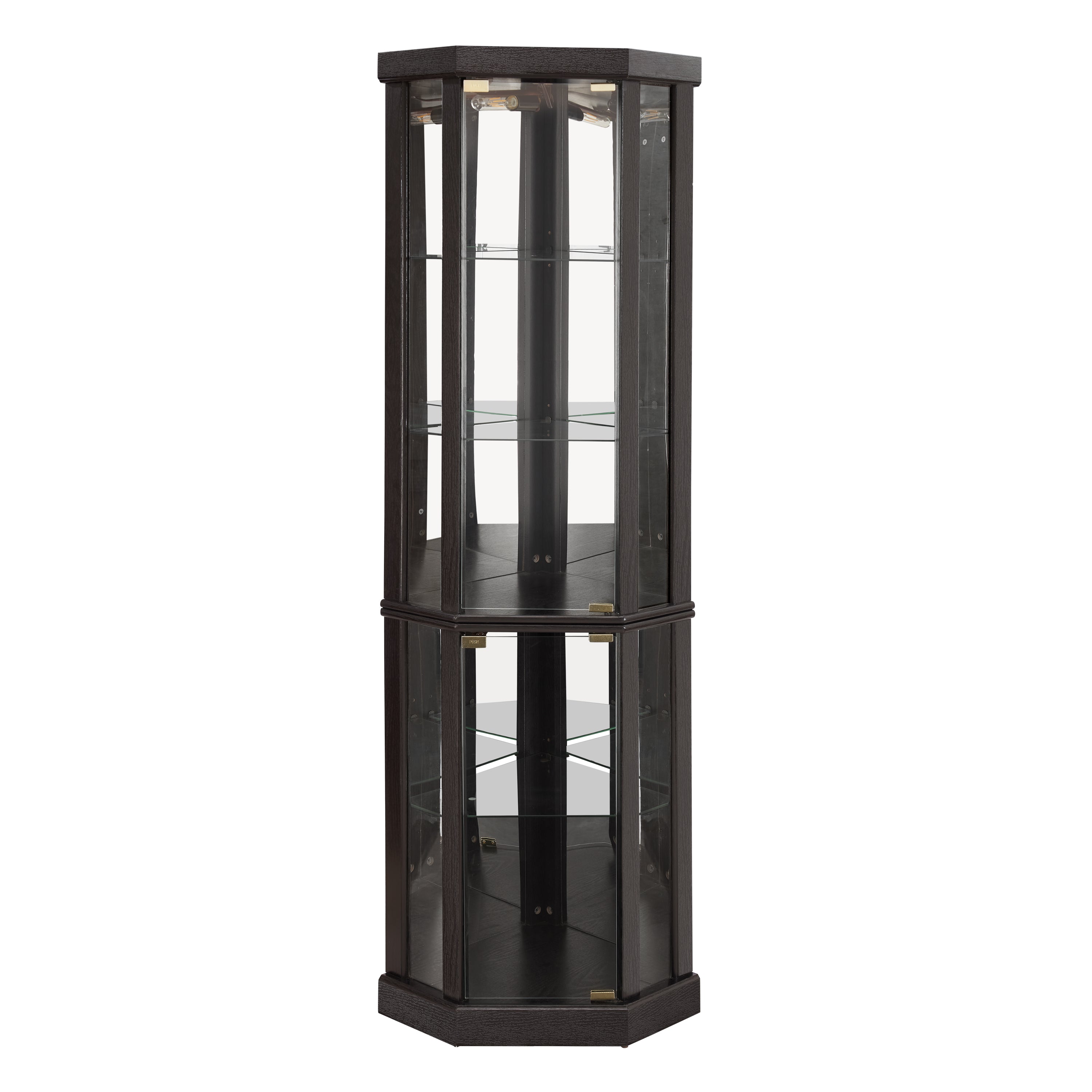Anthony & Home Heritage lighted corner curio cabinet with glass display for antiques and wine collection showcase.