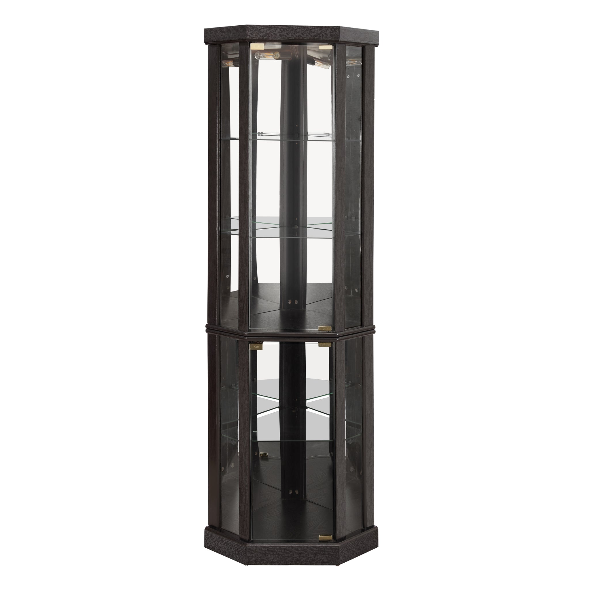 Anthony & Home Heritage lighted corner curio cabinet with glass display for antiques and wine collection showcase.