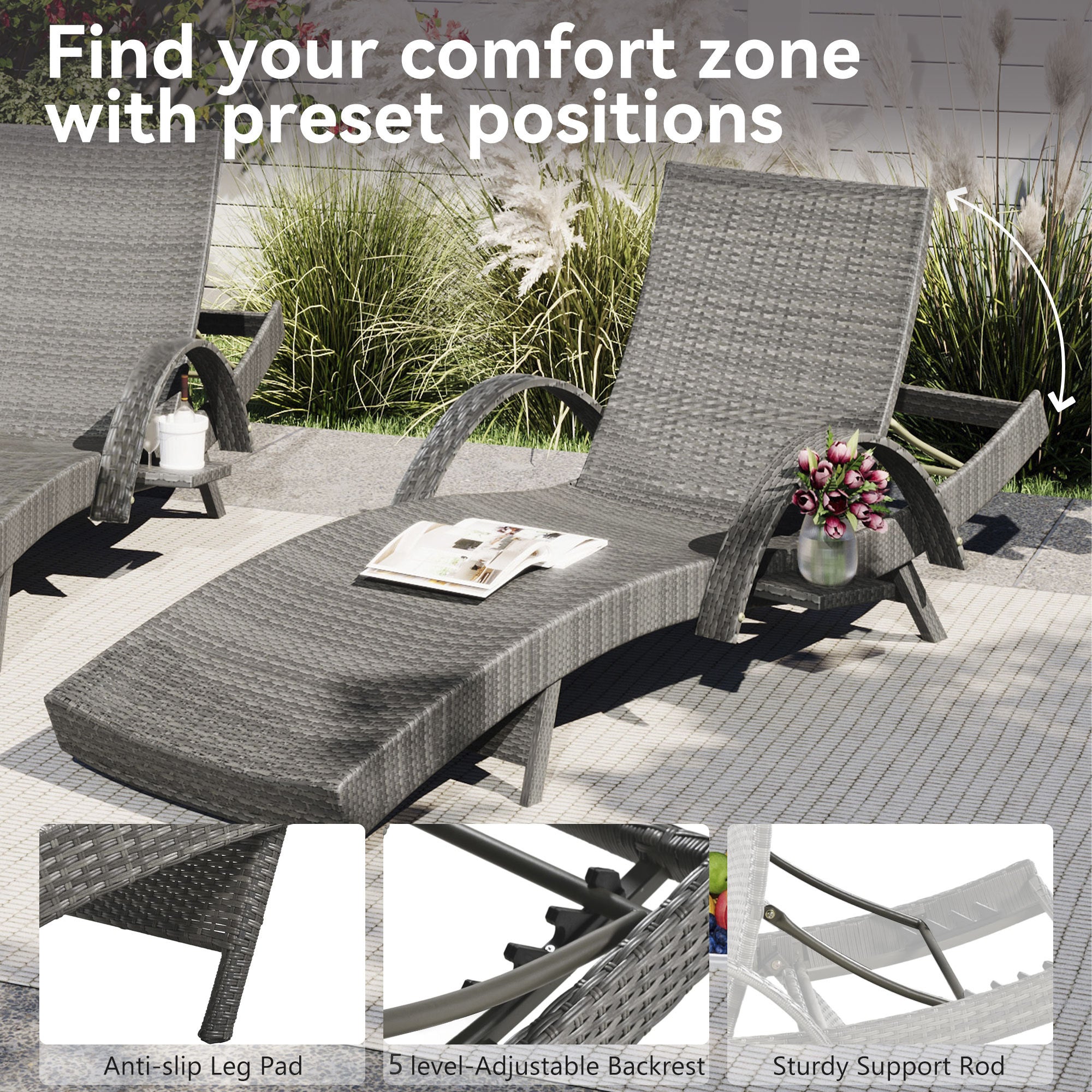 Set of two Anthony & Home grey outdoor wicker chaise lounge chairs with adjustable backs and pull-out side tables for patio relaxation.