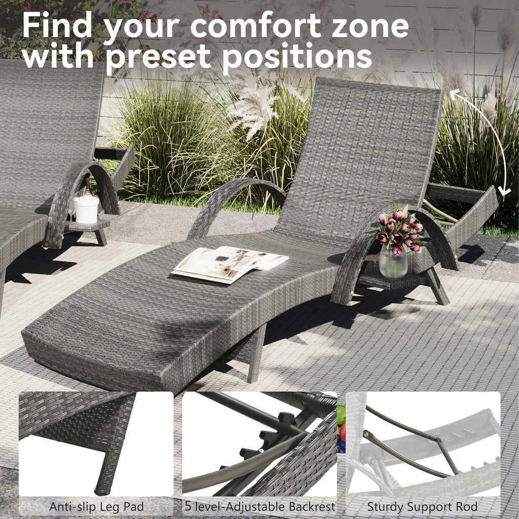 Outdoor wicker chaise lounge set with ergonomic wave design in grey by Anthony & Home, featuring comfortable cushioned seating.