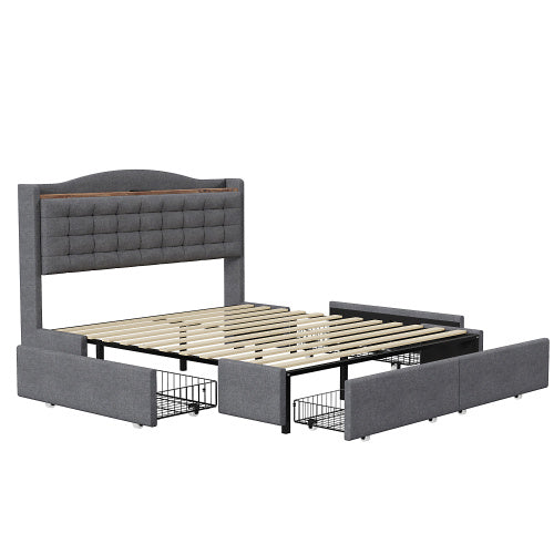 Grey Linen Upholstered Bed Frame 160x200 cm USB Nightstand
