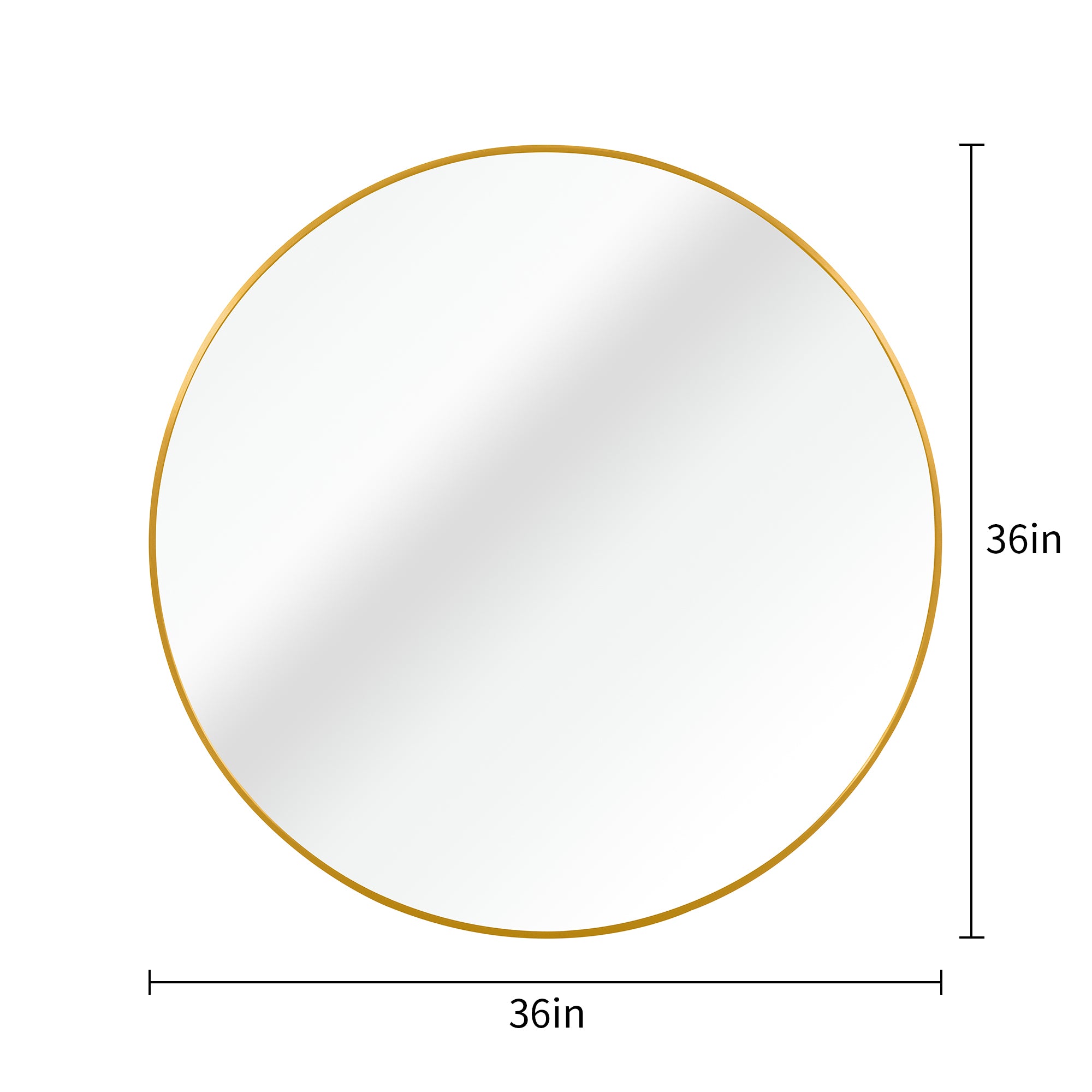 Gold metal framed 36-inch round bathroom mirror by Anthony & Home, showcasing a sleek, modern design with reflective glass.