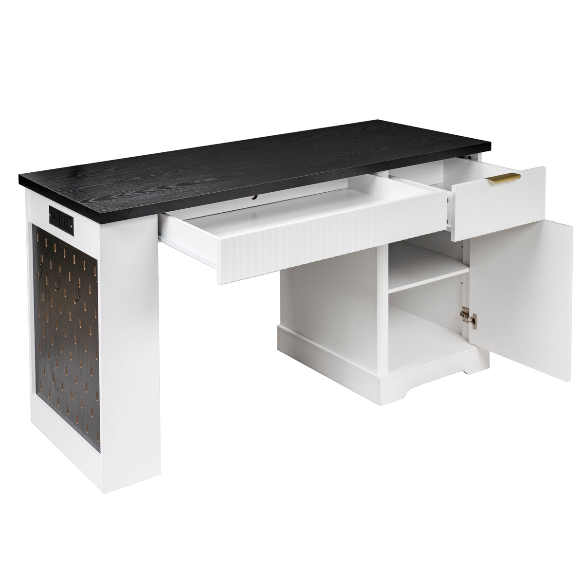 White Atelier fluted office desk with storage cabinet, pegboard, and keyboard tray, 55-inch Anthony & Home workspace furniture