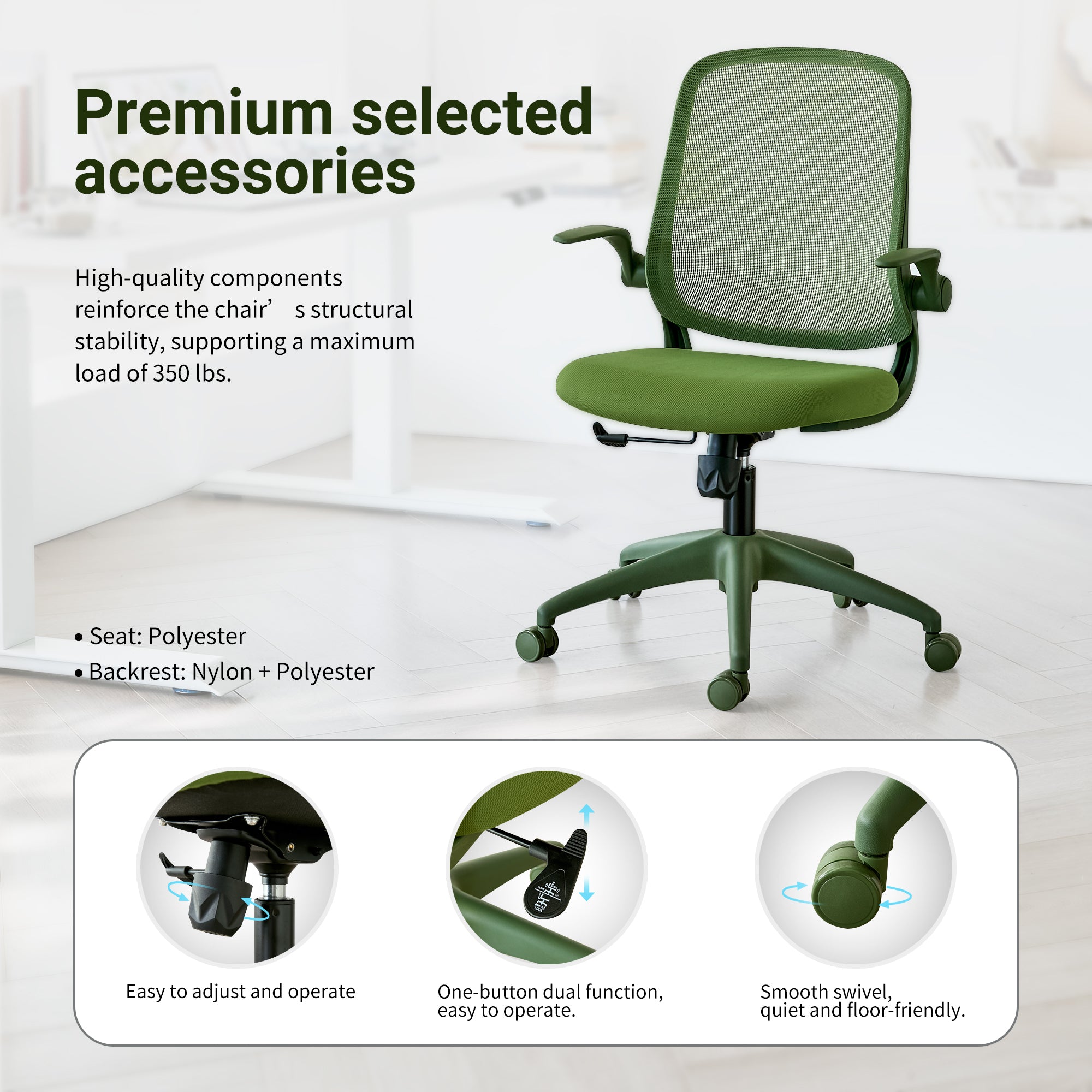 Anthony & Home ergonomic green office chair with mesh back, height adjustable, rotating, supports up to 350 lbs.