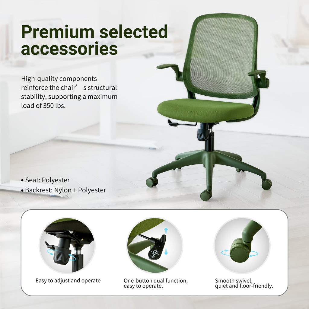 Anthony & Home ergonomic green office chair with mesh back, height adjustable, rotating, supports up to 350 lbs.