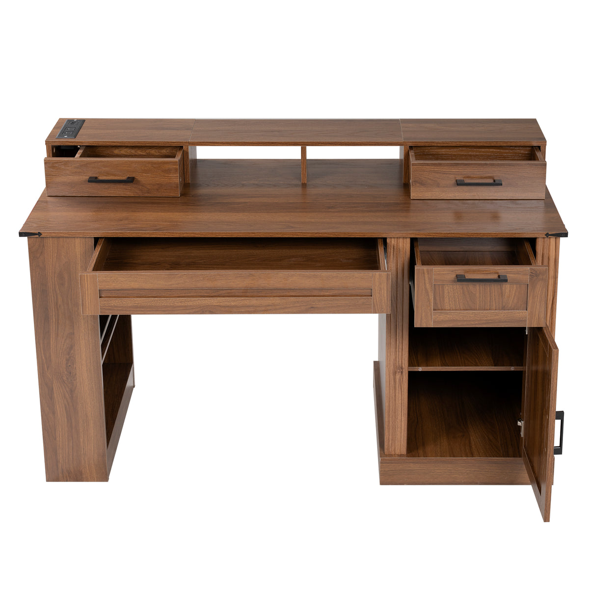 55-inch dark walnut farmhouse office desk with barn door design, storage, and keyboard tray by Anthony & Home