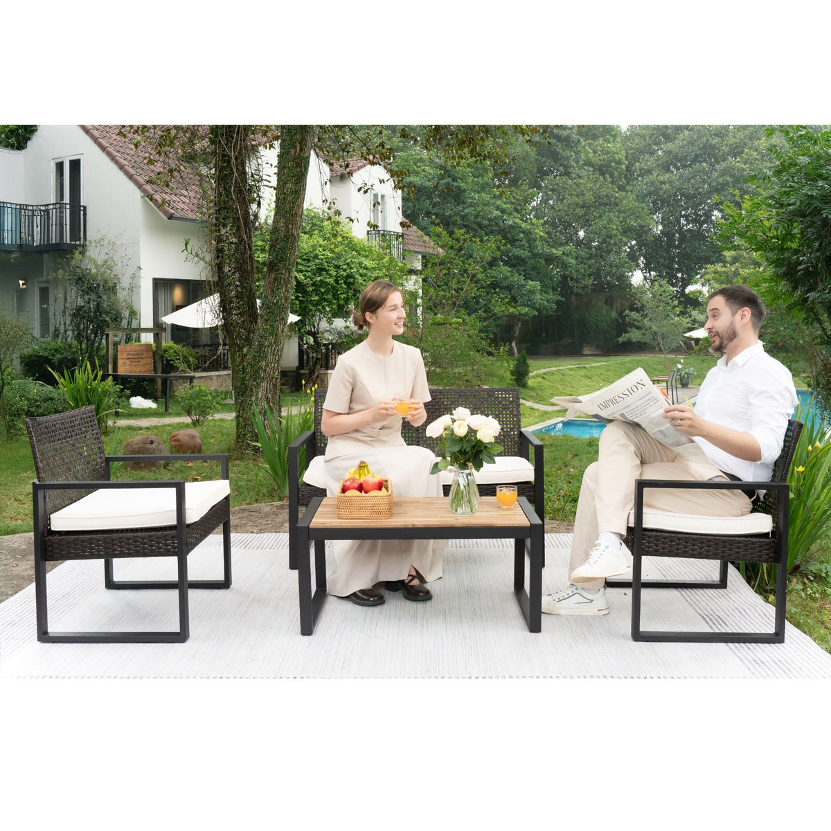 Anthony & Home acacia wood outdoor patio set with beige cushions, featuring a table and chairs for garden or patio use.