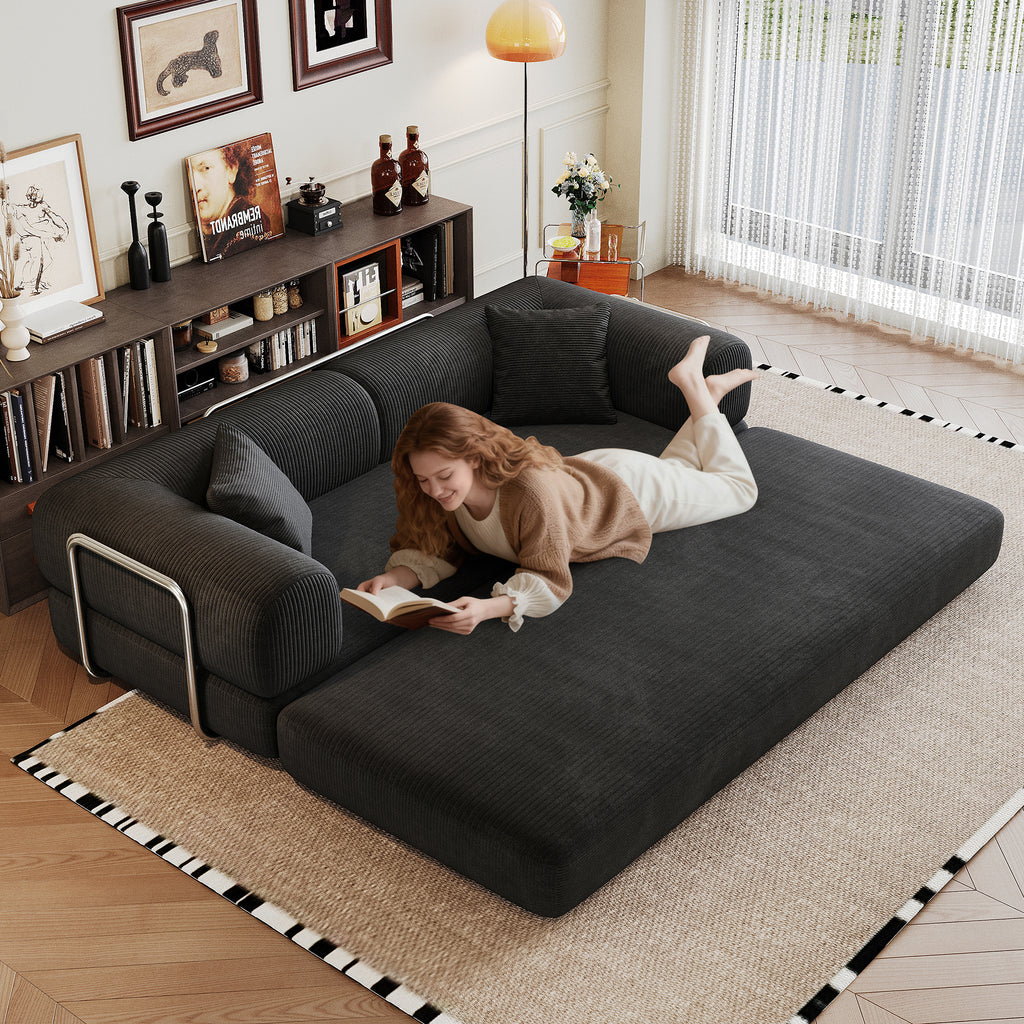 Black corduroy convertible sofa bed from Anthony & Home’s Atelier Collection, showing its plush fabric and sofa-to-bed design.