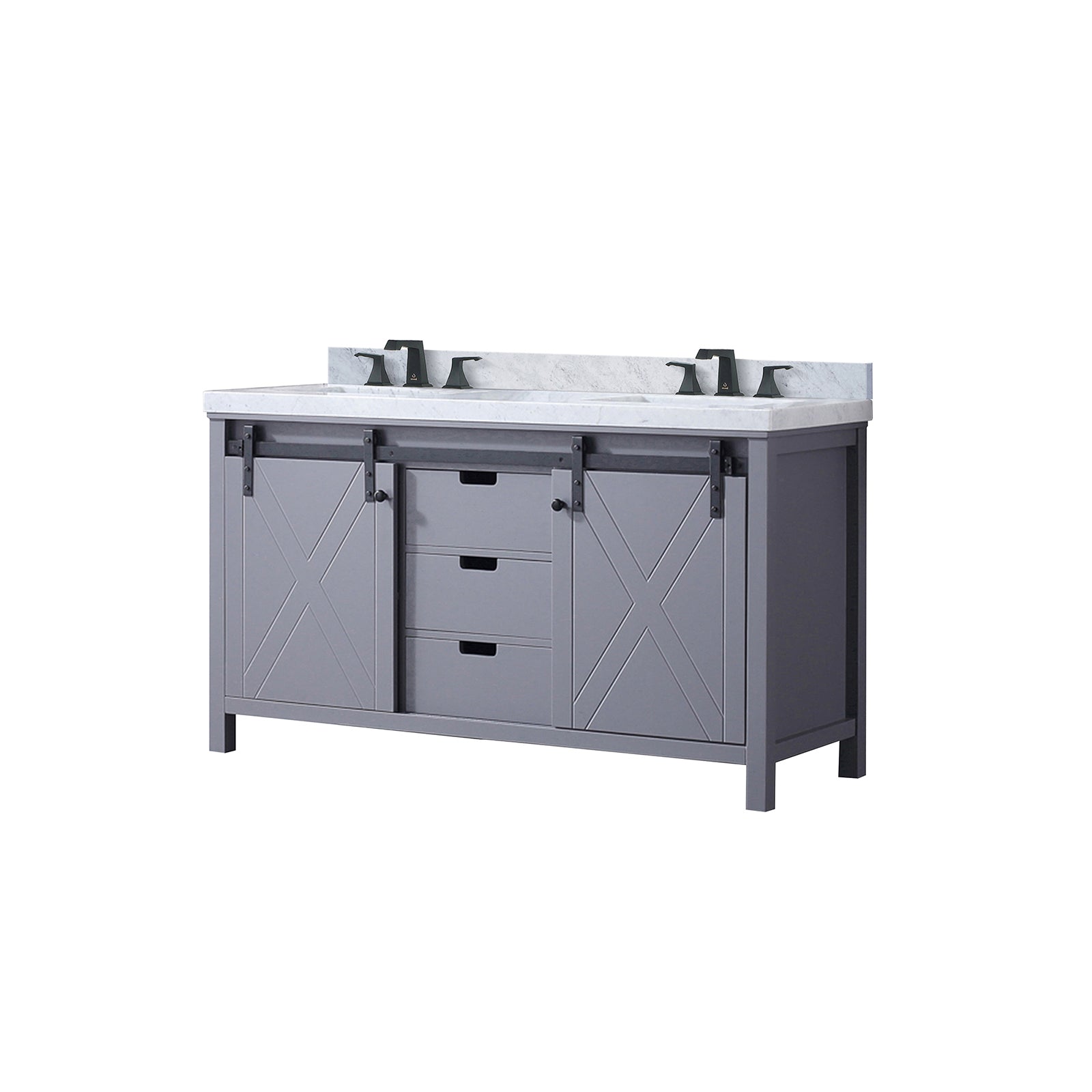 Dark grey 60-inch double bath vanity with Carrara marble countertop and faucet set from Anthony & Home Atelier Collection.