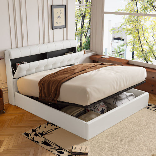 Upholstered Bed 150x200 King Hydraulic Storage Cream White