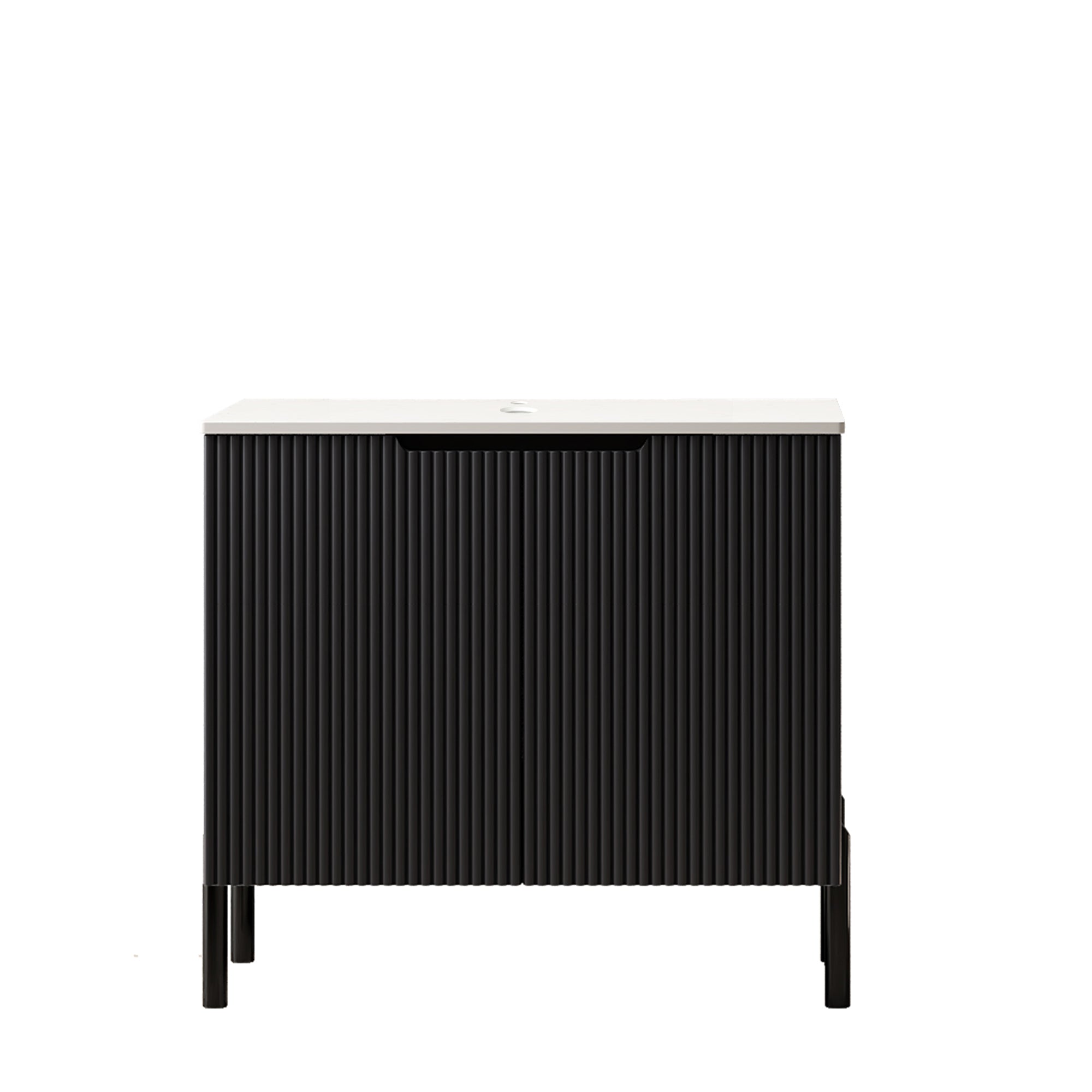 30-foot Anthony & Home Turio freestanding Carrara white sintered stone countertop with black plywood cabinet and two doors.