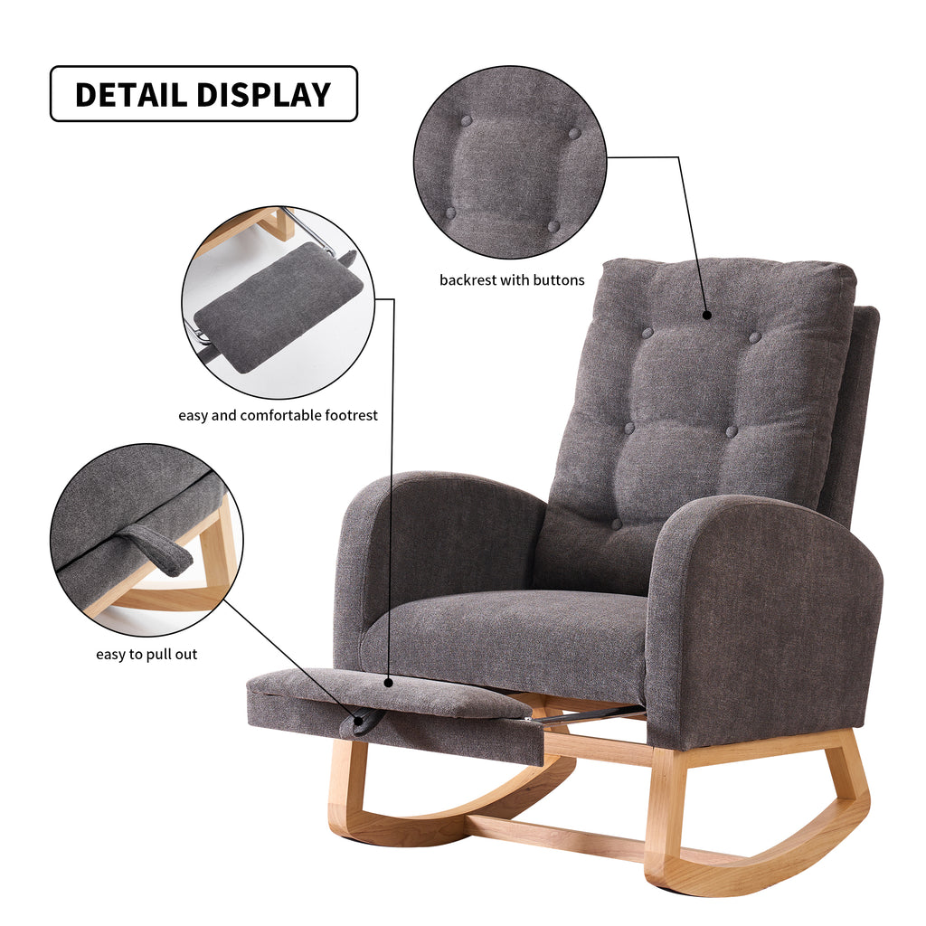 Gray rocking chair with footrest made of rubber wood, designed for studio use, by Anthony & Home.