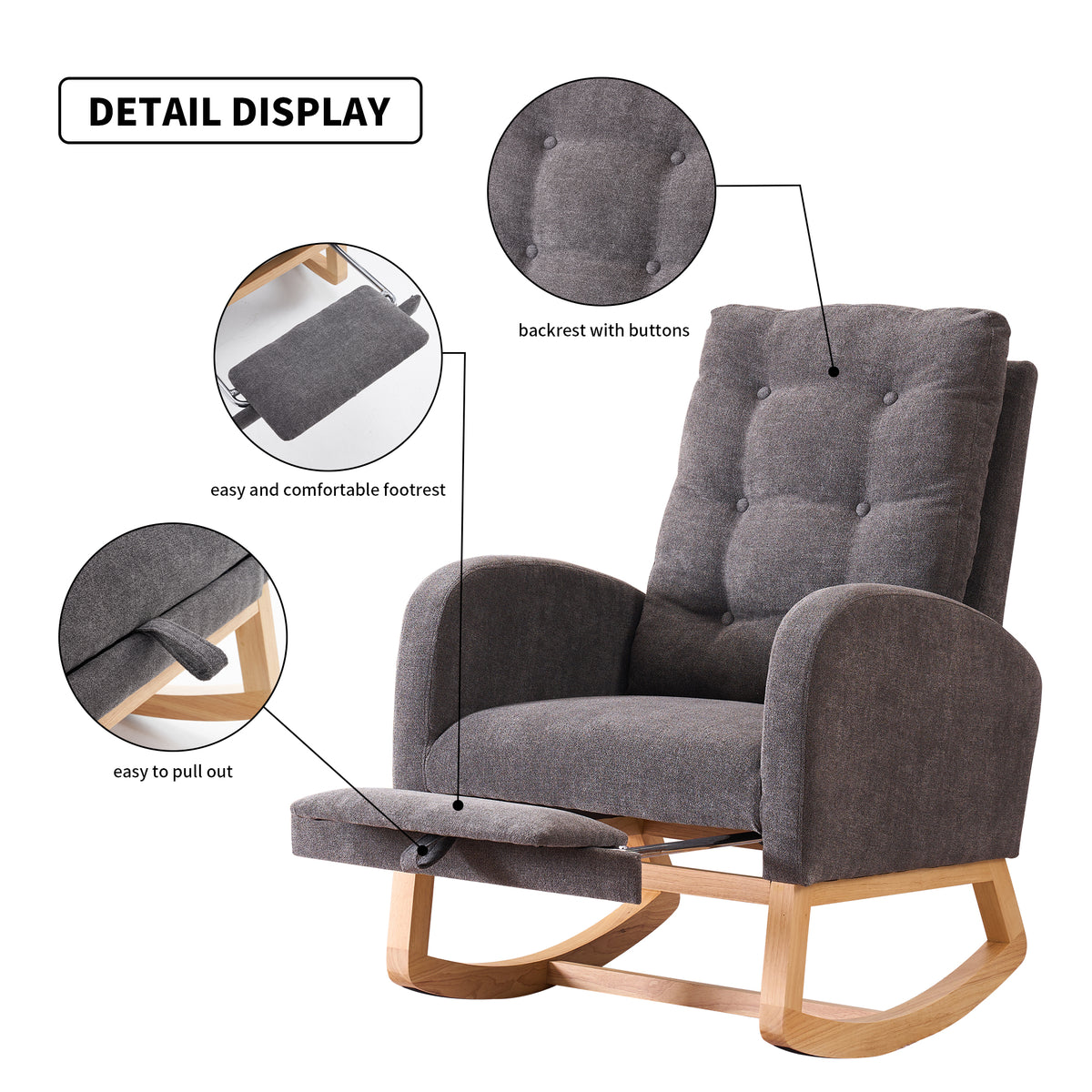 Gray rocking chair with footrest made of rubber wood, designed for studio use, by Anthony & Home.