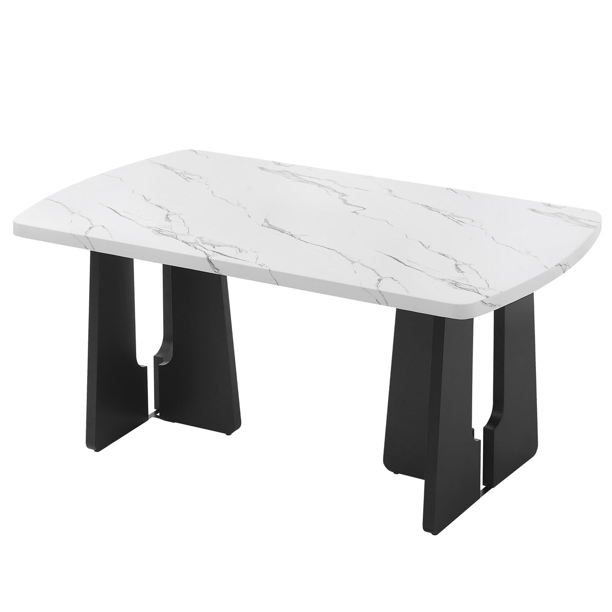 Black and white faux marble dining table by Anthony & Home with geometric legs, modern and stylish for contemporary dining spaces.