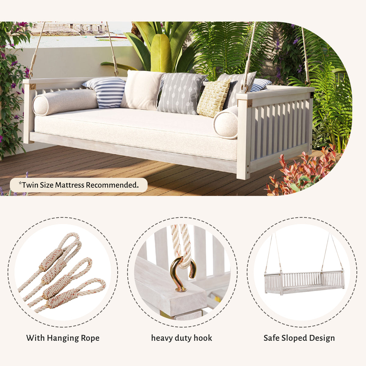 Anthony & Home Topmax Studio solid wood twin size porch swing with ropes, featuring a classic design and sturdy construction.