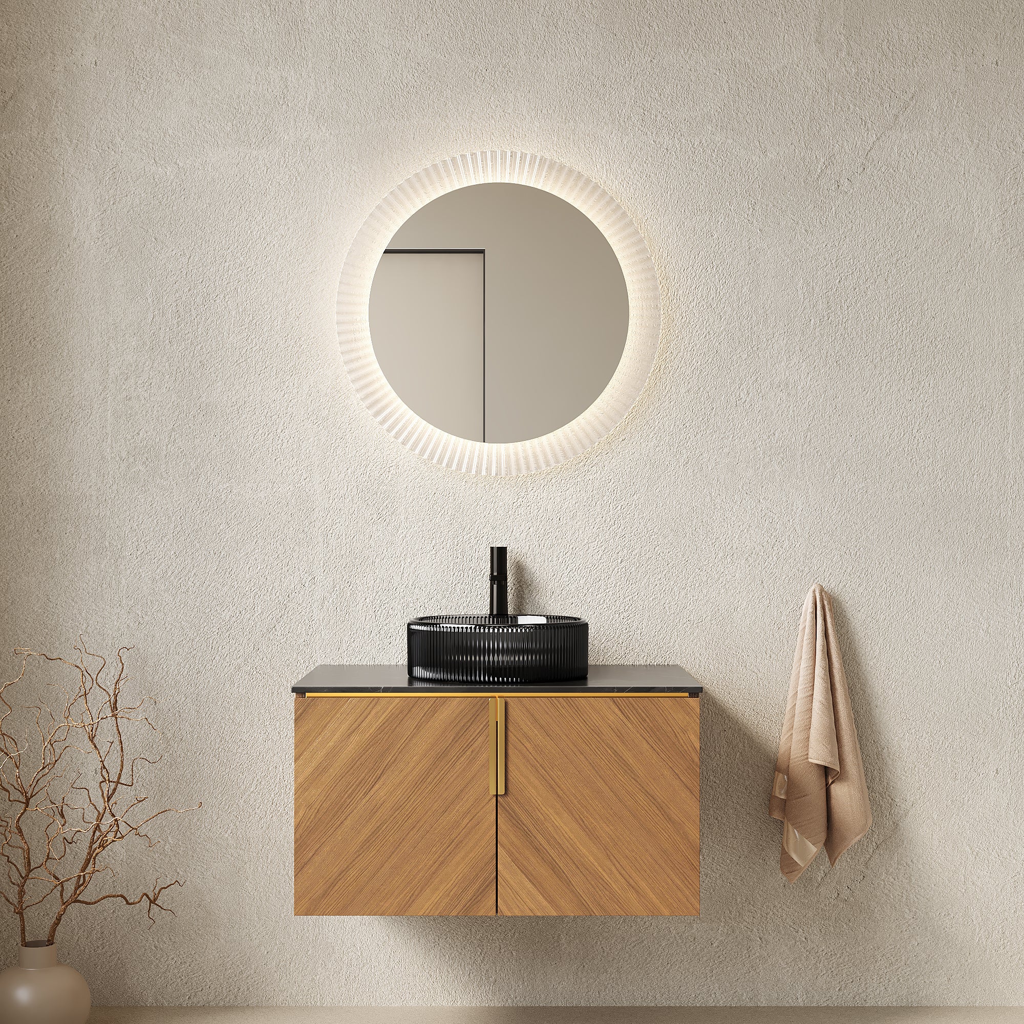 Anthony & Home Aria Collection wall-mount bath vanity with sleek design and sintered stone countertop.