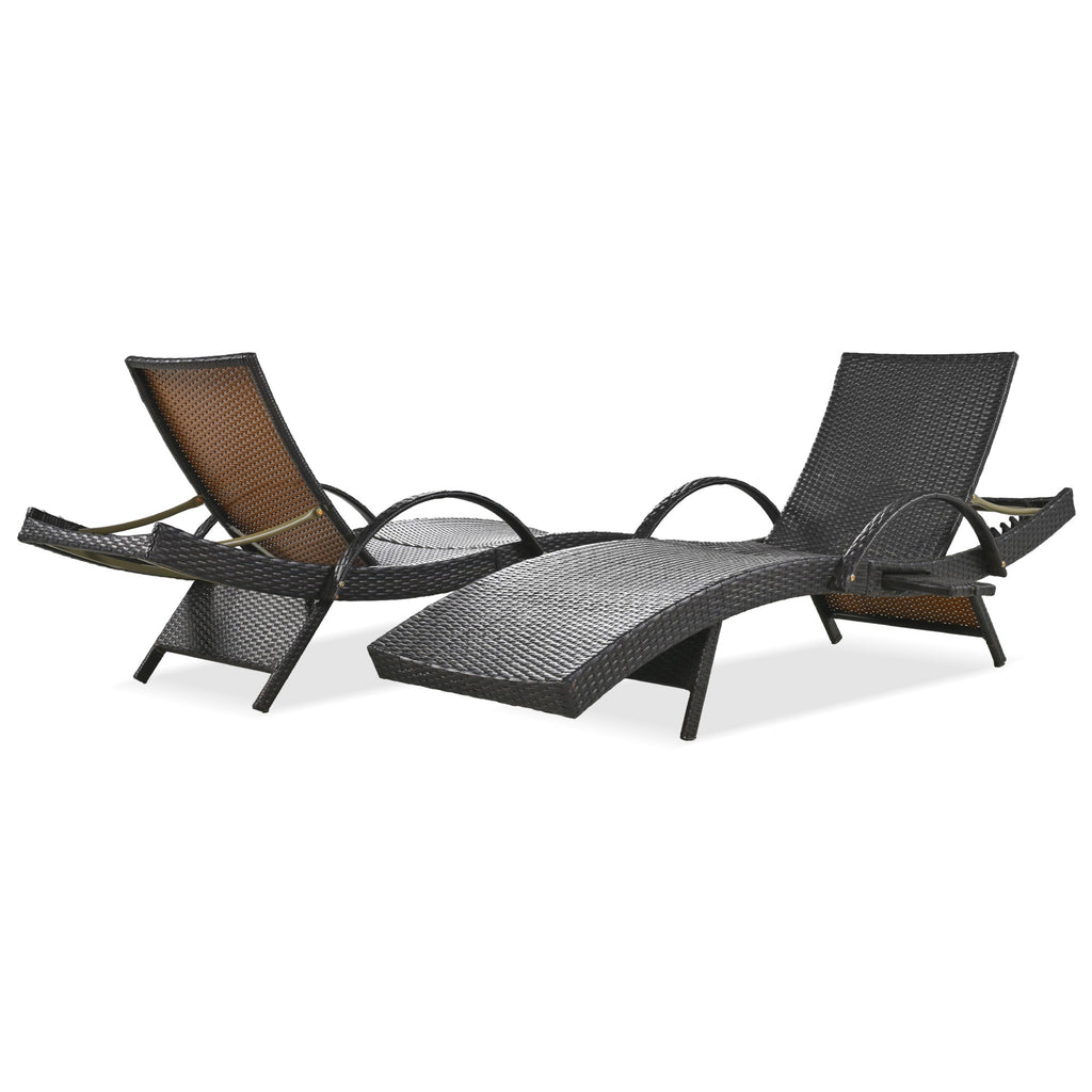 Anthony & Home K&K Signature outdoor wicker chaise lounges set with pull-out side table and 5-level adjustable backrest in dark brown
