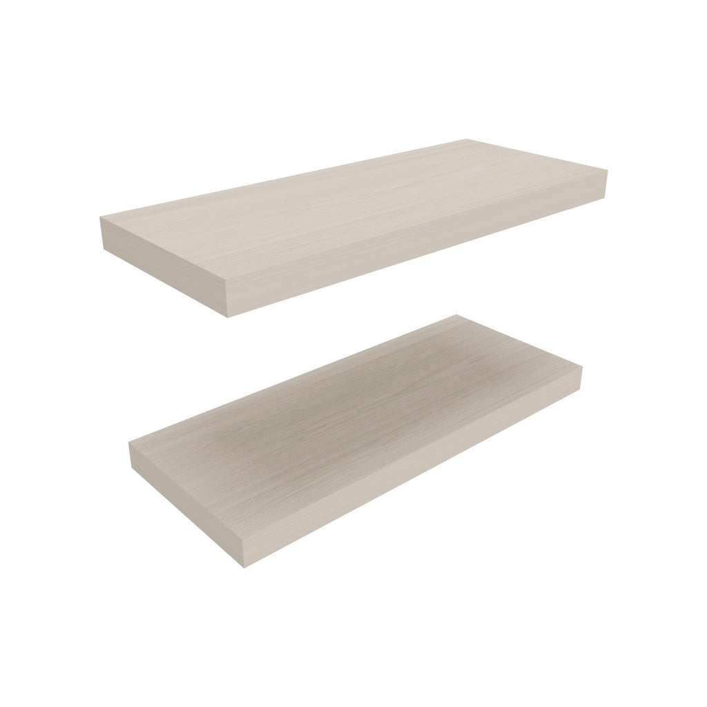 Set of two Anthony & Home Ecco floating walnut shelves, 31.5-inch wide, from the Atelier Collection, displayed on a wall.