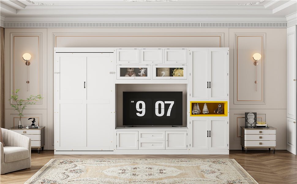 Solid wood twin Murphy bed with TV stand, white finish, two drawers, cabinets, by Anthony & Home, limited edition design.