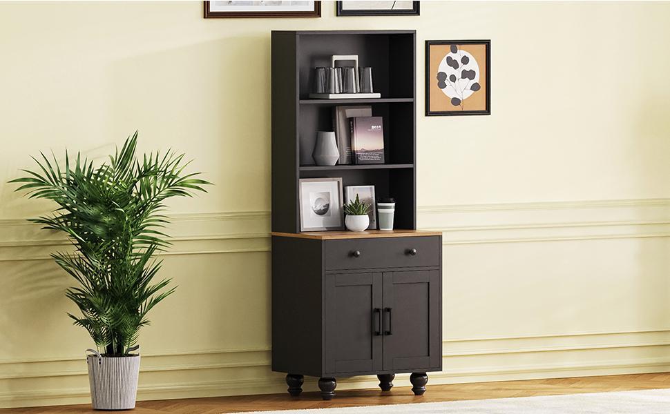 Black farmhouse storage cabinet with solid wood gourd-shaped legs from Anthony & Home's Studio Collection.