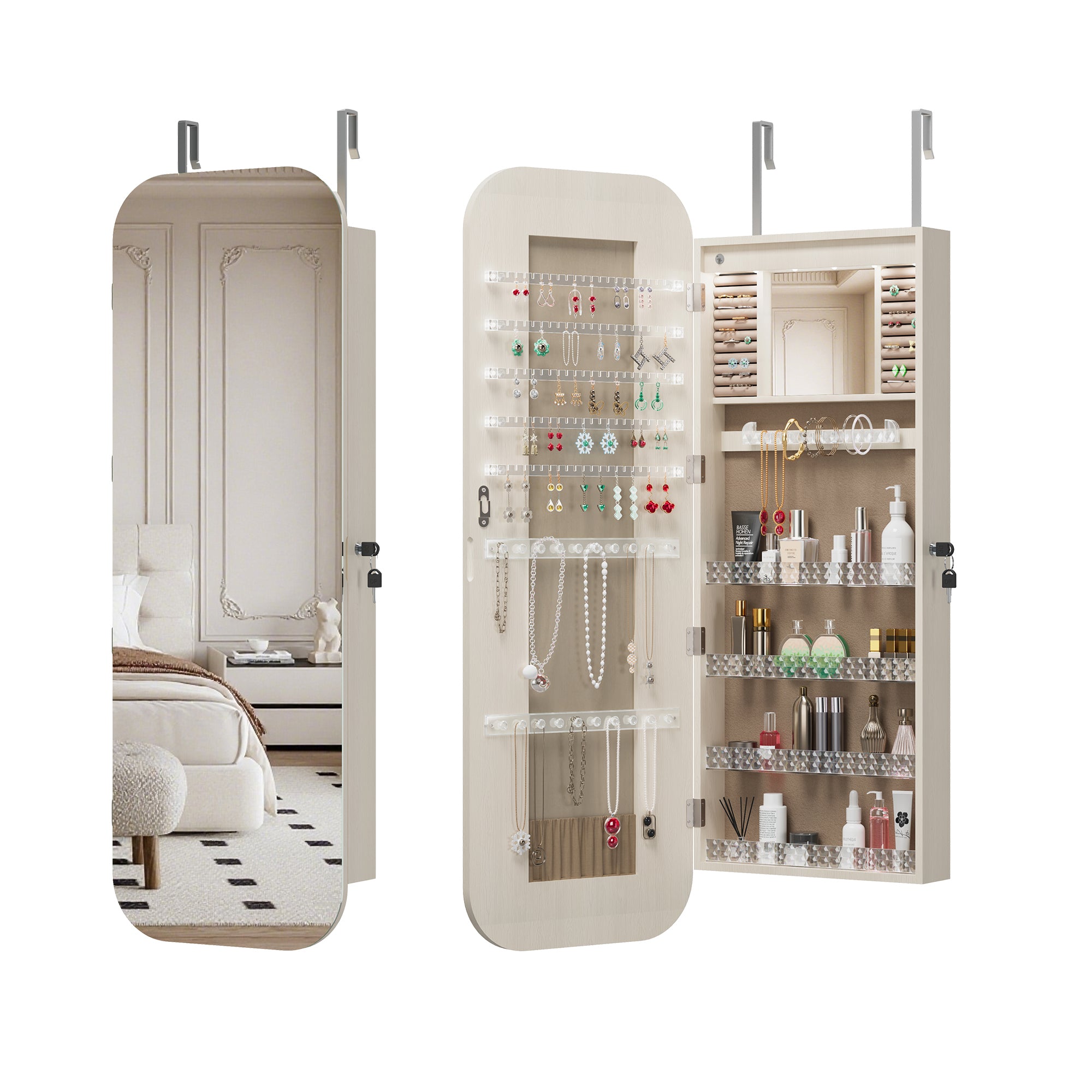 Anthony & Home HD Glass Mirror Jewelry Cabinet Armoire, exclusive edition with interior compartments and a sleek glass mirror.