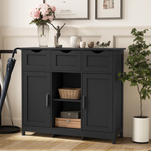 Black Wooden Floor Storage Cabinet With Drawers And Shelves