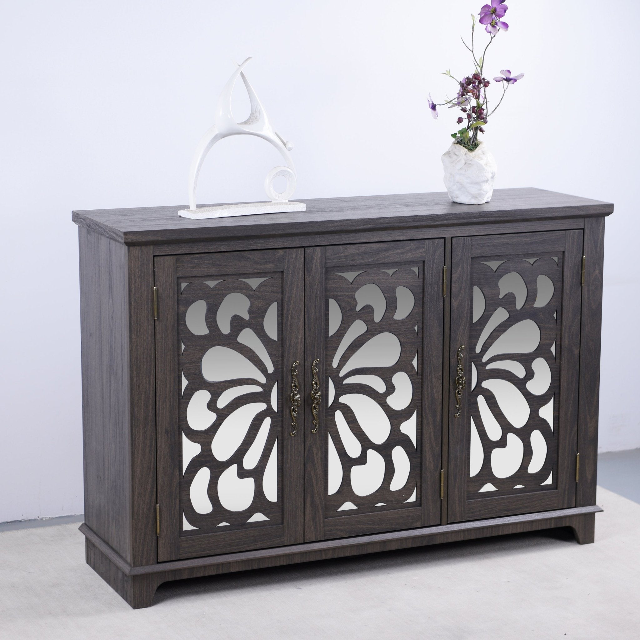 Heritage Walnut Sideboard by Anthony & Home with mirrored doors and adjustable shelves, measuring 49.3 x 15.6 inches.