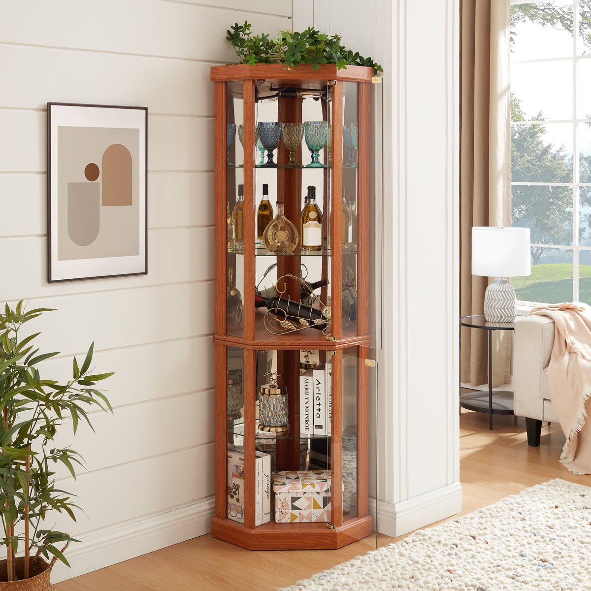 Dark oak corner lighted curio cabinet by Anthony & Home, showcasing glass display shelves and elegant wood finish.