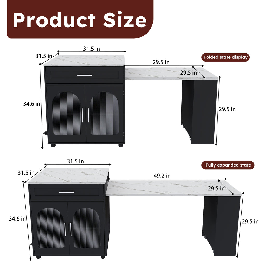 Black Expandable Kitchen Island with Marble - Grain Countertop, Power Outlet, Mobile Storage Cart with Cabinet & 2 Drawers, 80 - Inch Dining Table - Anthony & Home