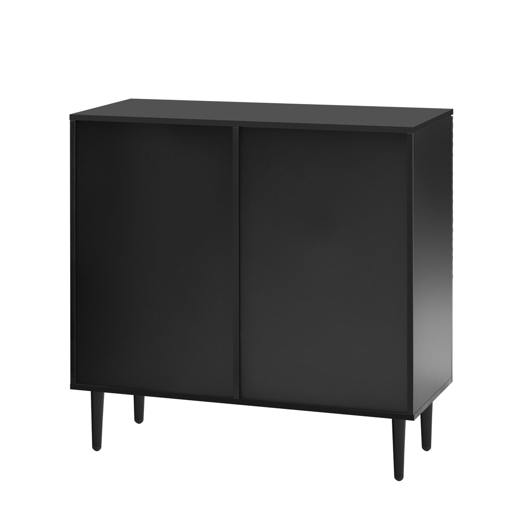 Anthony & Home Mirod Atelier side cabinet with geometric door design, showcasing modern wooden storage with stylish patterns.