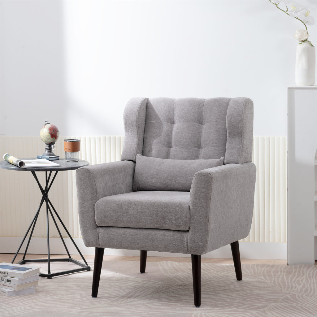 Gray chenille accent chair with solid wood legs, modern design, suitable for studio or living room decor.