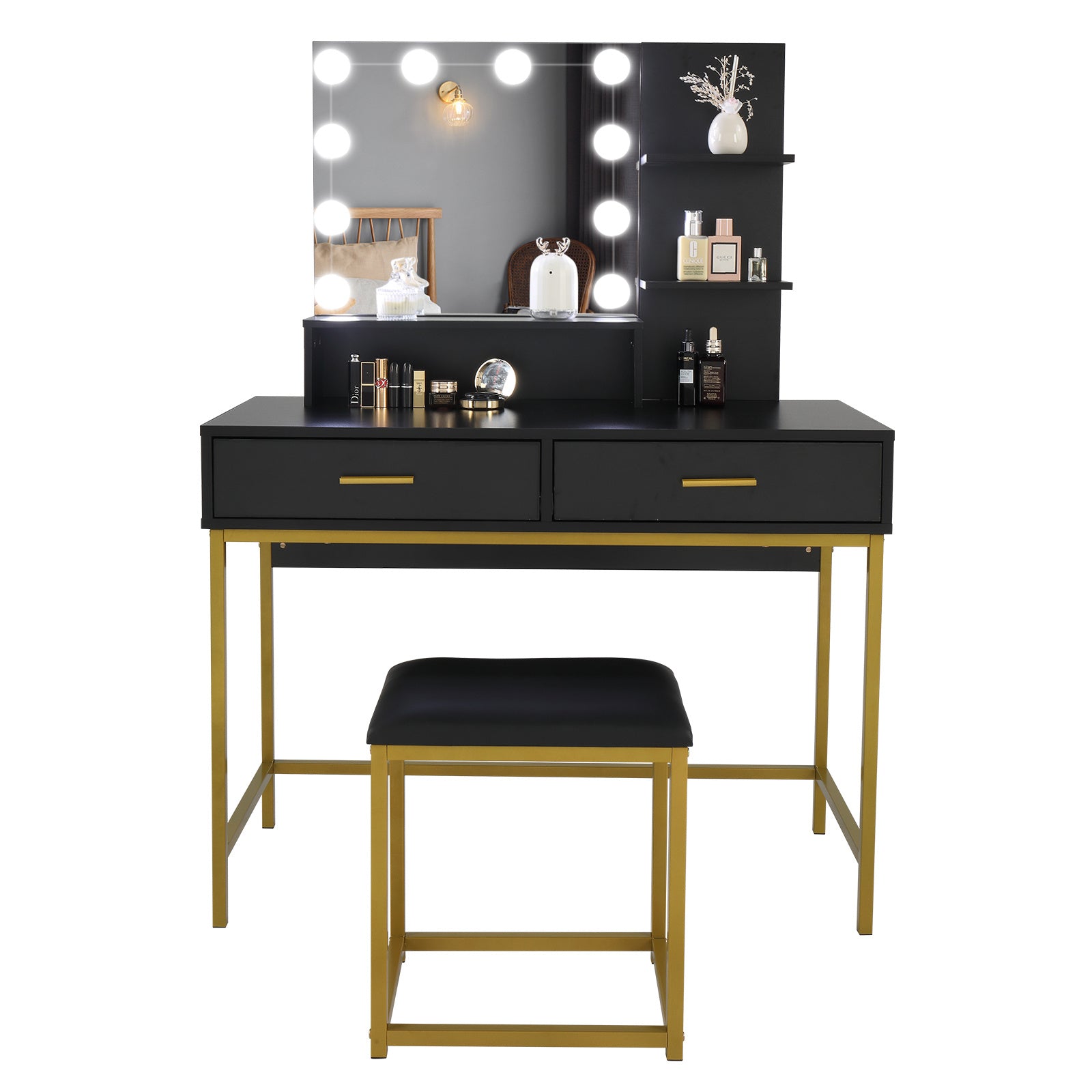Black Dressing Table Set Two Drawers And Three Tier Shelf